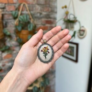 Hand-Embroidered Floral Pendant Necklace